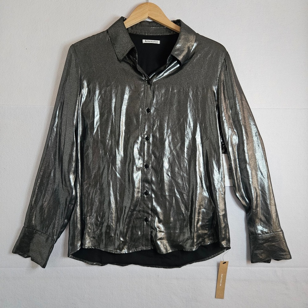 Reformation Nolan Top Silver Shimmer Metallic Button Down Blouse Size‎ M NEW